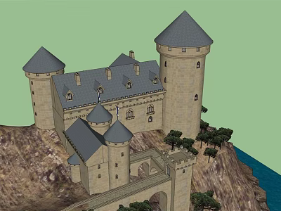 Ancient Castle Architecture With Towered Spires Perched On Hill Surrounded By Trees And Water 3d model