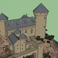 Ancient Castle Architecture With Towered Spires Perched On Hill Surrounded By Trees And Water