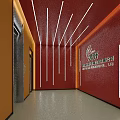 Bright Modern Office Reception Corridor With Red Corporate Brand Wall And Stylish Linear Lights