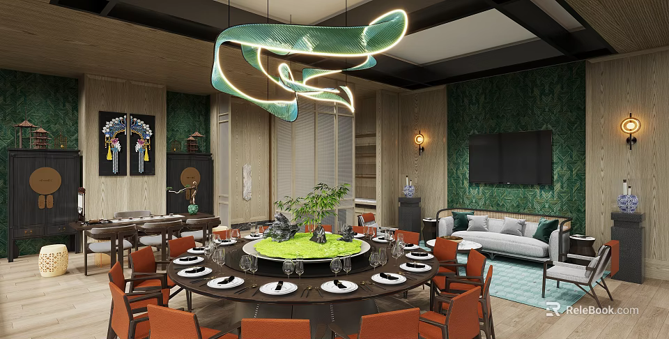 Private Dining Room Interior With Round Table Green Centerpiece Orange Chairs And Curved Green Chandelier 3d model 