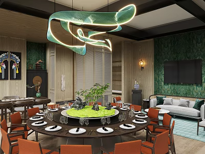 Private Dining Room Interior With Round Table Green Centerpiece Orange Chairs And Curved Green Chandelier 3d model