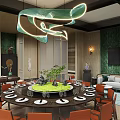 Private Dining Room Interior With Round Table Green Centerpiece Orange Chairs And Curved Green Chandelier