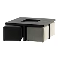 Modern Gray Table and Stool Set with Central Square Indentation and Black Gray Fabric Stools