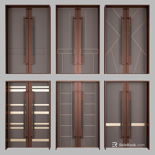 Modern Double Doors Design With Bronze Handles Geometric Lines And Panel Patterns 3d model
