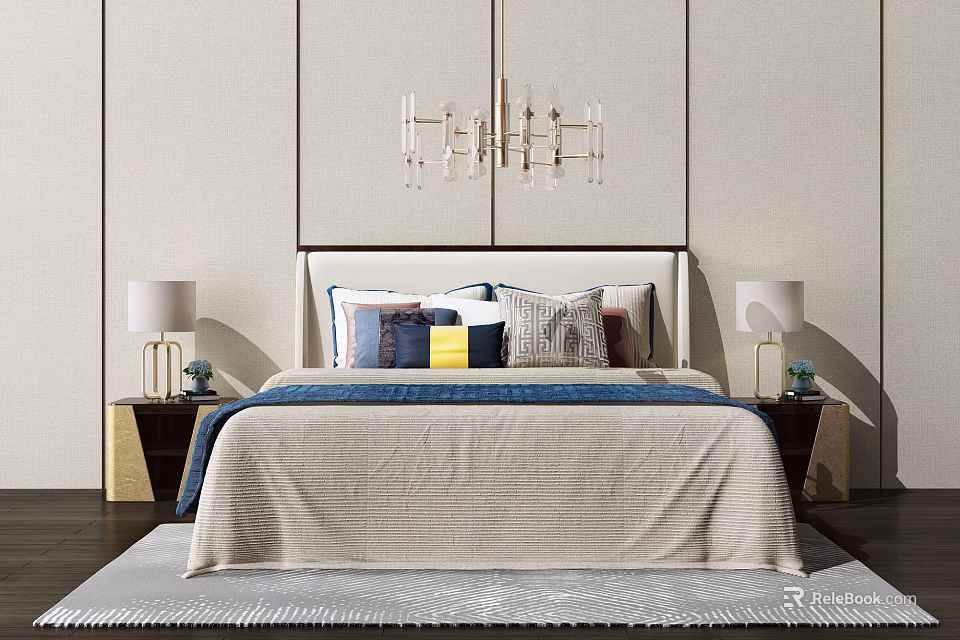 Modern Double Bed with Bedside Tables Table Lamps Chandelier and Decorative Pillows 3d model