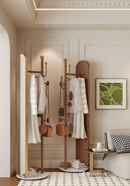 Elegant Modern Clothes Rack With White Clothes Brown Bags And Green Decorative Painting In Interior 3d model 