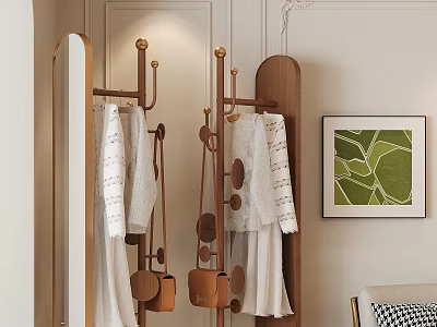 Elegant Modern Clothes Rack With White Clothes Brown Bags And Green Decorative Painting In Interior 3d model