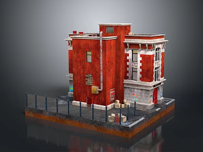 Cartoon Scene of Red Brick Building With Broken Windows Chain Link Fence Graffiti and Debris 3d model