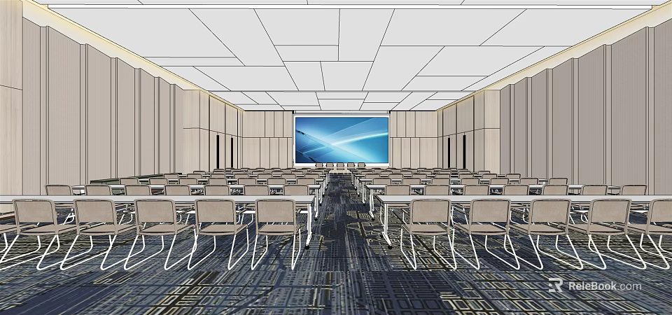 Large Modern Conference Room Interior With Arranged Tables Chairs And Projector Screen 3d model 
