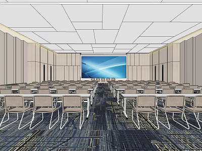 Large Modern Conference Room Interior With Arranged Tables Chairs And Projector Screen 3d model