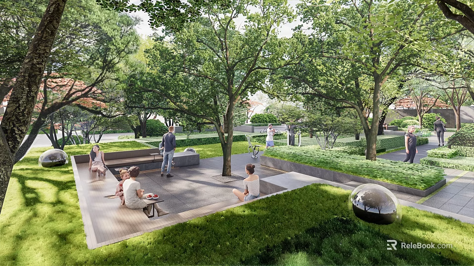 Beautiful Park Landscape With Lush Trees Benches Green Lawn And People Relaxing 3d model 