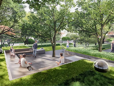 Beautiful Park Landscape With Lush Trees Benches Green Lawn And People Relaxing 3d model