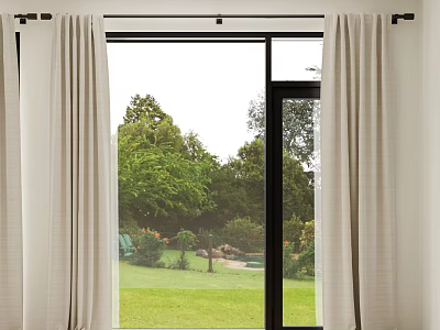White Curtains Hanging On Rod With Green Garden View Featuring Trees And Lawn 3d model