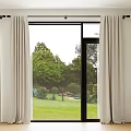 White Curtains Hanging On Rod With Green Garden View Featuring Trees And Lawn