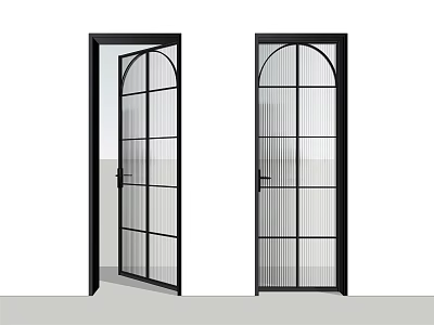 Modern Black Frame Swing Doors With Glass Panel Grid And Arched Top Design 3d model