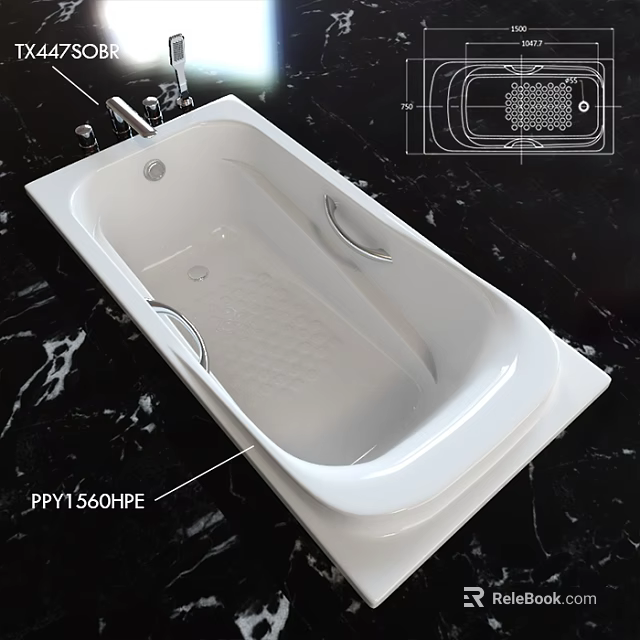 White Bathtub PRYI 560HPE With Chrome Handles And Sleek Modern Design 3d model 