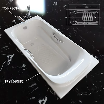 White Bathtub PRYI 560HPE With Chrome Handles And Sleek Modern Design 3d model