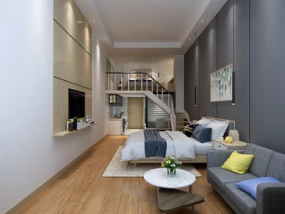Modern Cozy Apartment Interior with White Walls Wooden Floor Staircase Sofa Bed and Painting 3d model