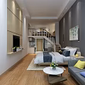 Modern Cozy Apartment Interior with White Walls Wooden Floor Staircase Sofa Bed and Painting