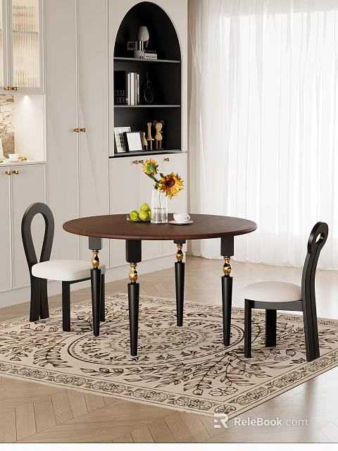 Elegant Round Brown Dining Table And Black Chairs With Golden Leg Accents Sunflowers White Cabinets 3d model 