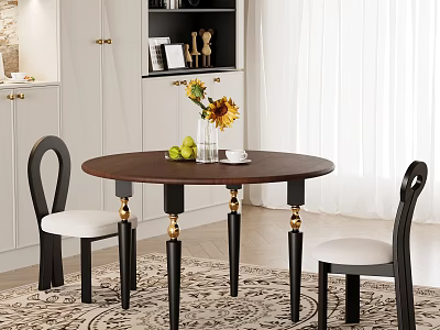 Elegant Round Brown Dining Table And Black Chairs With Golden Leg Accents Sunflowers White Cabinets 3d model
