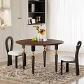 Elegant Round Brown Dining Table And Black Chairs With Golden Leg Accents Sunflowers White Cabinets