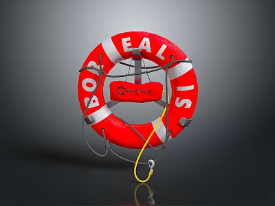 Red Essential Safety Lifebuoy With Metal Accessories And Yellow Rope 3d model