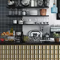 Modern Kitchenware Display on Shelves with Plates Glasses Coffee Maker Kettle Fruits and Herb Plant