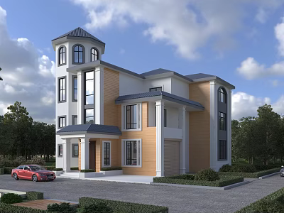 Modern Detached Villa Exterior With Tower Structure Large Windows Yellow White Facade And Green Trees 3d model