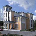 Modern Detached Villa Exterior With Tower Structure Large Windows Yellow White Facade And Green Trees