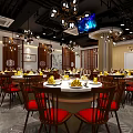 Chinese Style Restaurant Interior With Round Tables Red Chairs Chandeliers Columns And Decorative Ceiling
