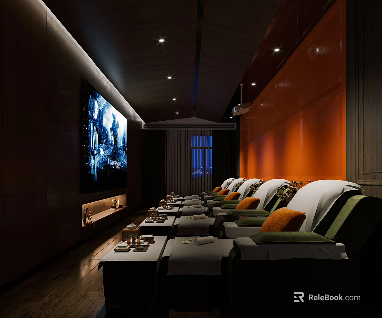 Luxurious SPA Sauna Relaxation Lounge With Comfortable Chairs Large Screen And Ambient Lighting 3d model 