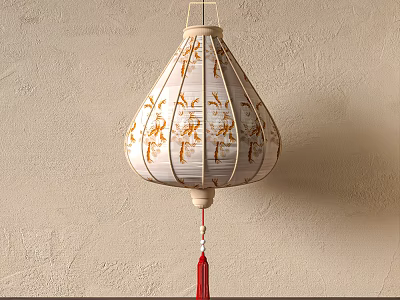 Traditional White Decorative Hanging Lantern Featuring Golden Floral Patterns And Red Tassel 3d model