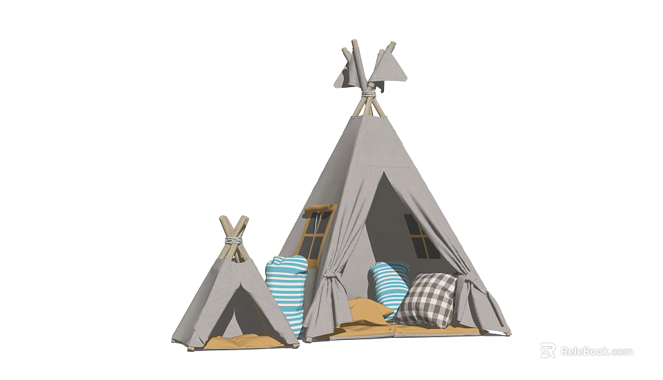 Gray Tepee Tents With Large And Small Sizes Striped Checkered Cushions And Wooden Frame 3d model 
