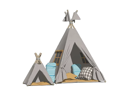 Gray Tepee Tents With Large And Small Sizes Striped Checkered Cushions And Wooden Frame 3d model
