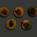 Five Fresh Persimmons With Yellow Orange And Green Hues On Dark Background