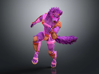 Purple Wolf Game Movie Character In Dynamic Pose With Pink Orange Armor And Fluffy Tail 3d model