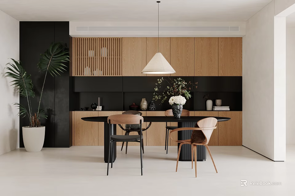 Modern Restaurant Interior With Wooden Cabinets Black Accents Round Table Pendant Light And Green Plant 3d model 