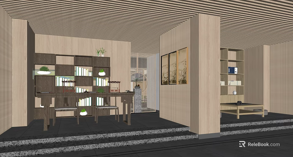 Tranquil Indoor Garden Landscape With Wooden Structures Green Plants And Pebble Floor 3d model 