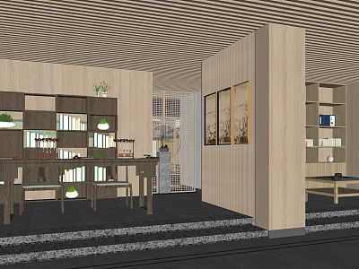 Tranquil Indoor Garden Landscape With Wooden Structures Green Plants And Pebble Floor 3d model