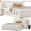 Modern White Double Bed with Brown Pillow Striped Blanket and Nightstand