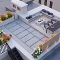 Rooftop Garden With Wooden Deck Outdoor Furniture Fire Pit Railing Plants And Sunset View