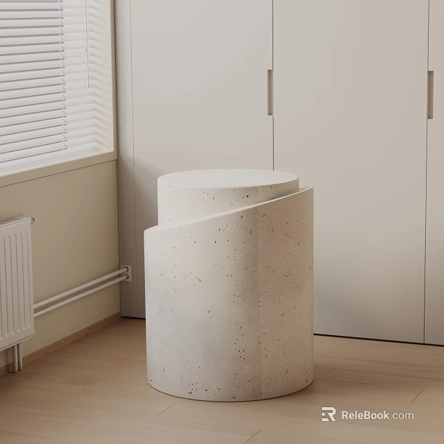 White Terrazzo Side Table with Cylindrical Spiral Design beside White Cabinets and Wooden Floor 3d model 