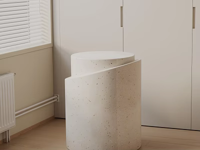 White Terrazzo Side Table with Cylindrical Spiral Design beside White Cabinets and Wooden Floor 3d model