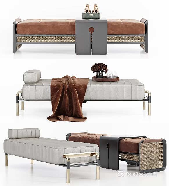 Elegant Modern Upholstered Bench with Metal Frame Brown Blanket Vase and Tray 3d model 