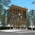 Detached Villa with Red Exterior Stilt Design in Forest Setting Surrounded by Trees