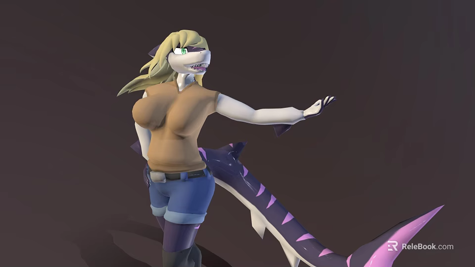 Woman with blonde hair wearing brown top and blue shorts with purple pink tail 3d model 