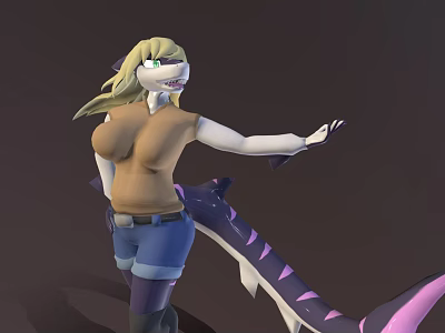 Woman with blonde hair wearing brown top and blue shorts with purple pink tail 3d model