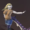 Woman with blonde hair wearing brown top and blue shorts with purple pink tail