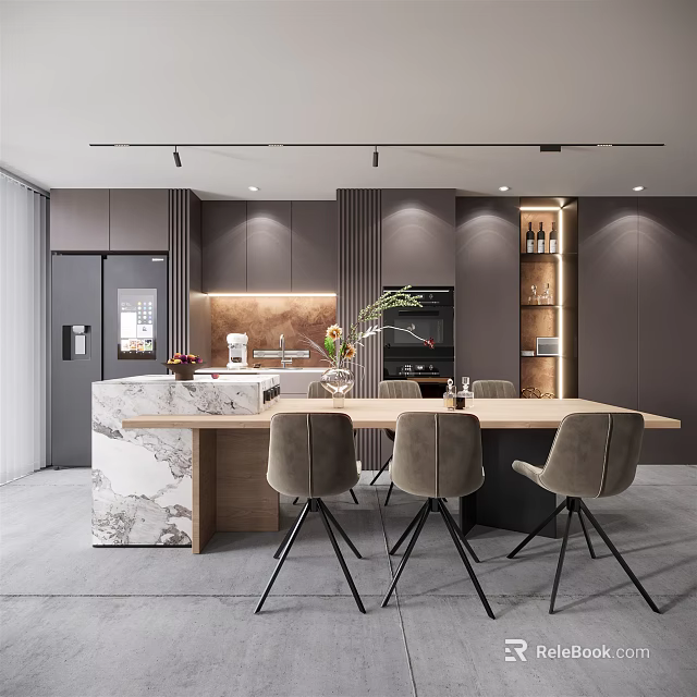 Modern Dining Table Set with Marble Countertop and Upholstered Bar Stools in Open Kitchen 3d model